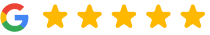 Google logo with five gold stars representing excellent customer ratings for Smith & Co. Dental Practitioners.